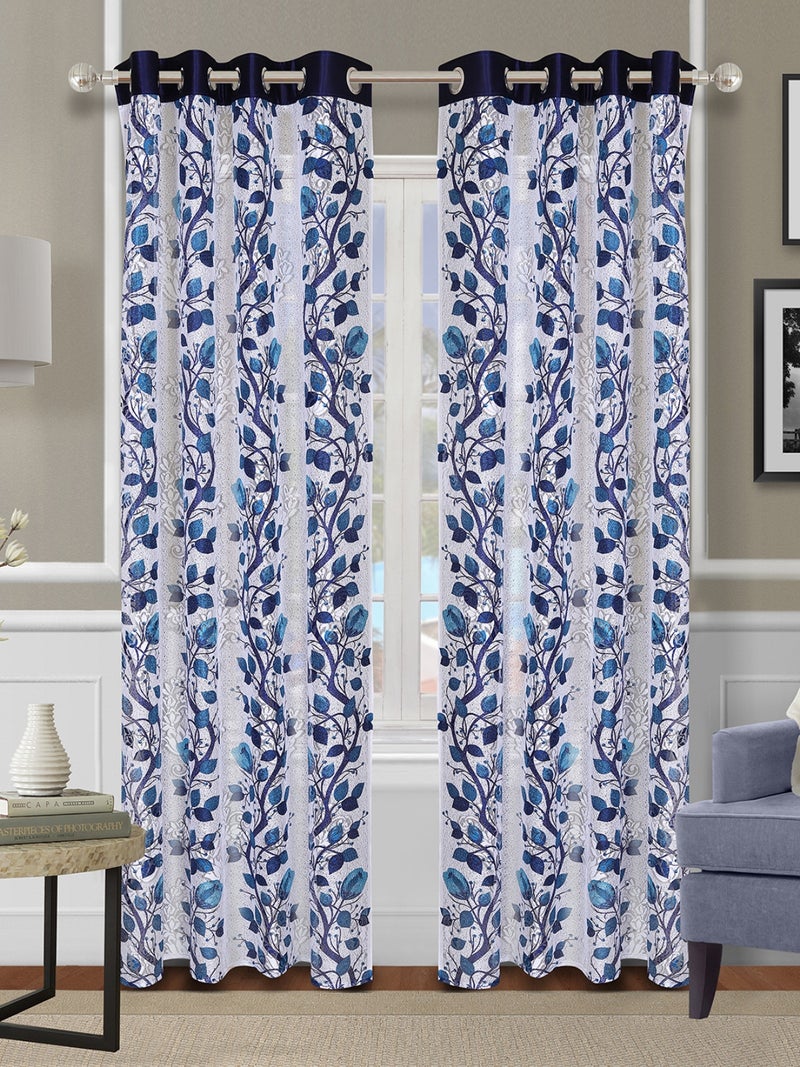 Floral Design Semi Transparent Net Sheer Curtain Set of 2, Blue & Off White